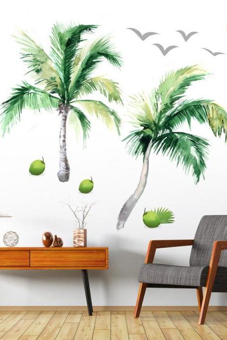 Coconut Tree Wall Sticker, Coastal Landscape Painting Wall Sticker, Coconut Tree And Coconut, Tropical Plant Wall Sticker