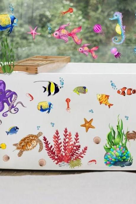 Under Sea World Watercolor Decals Coral Wall Sticker Seaweed Decal Fish Sticker Walls And Cabinets, Bathroom Décor, Bathroom Decals