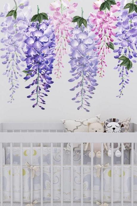Large Size Hanging Wisteria Wall Stickers, Hanging Flower Decal,tropical Plant Flower Murals, Personalized Watercolor Stickers
