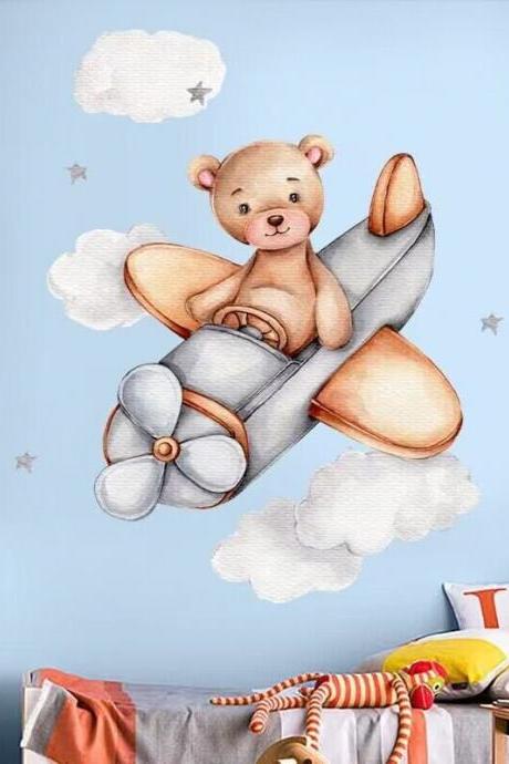 Bear On A Trip Stickers Airplane Bear Decals Children's Room Stickers\removable Wall Stickers-self Adhesive Wall Decal