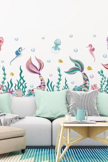 Mermaids And Sea Creatures Wall Decals - Mermaids Nursery, Nautical Decal, Nautical Nursery,mermaid Wall Decals, Under The Sea Theme