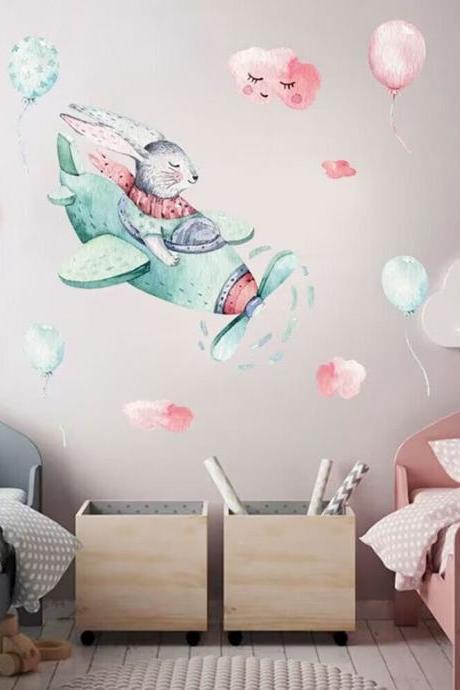 Flying Rabbit Decal Rabbit With Balloon Stickers Airplane Decal -wall Decal \removable Wall Stickers-self Adhesive Wall Decal