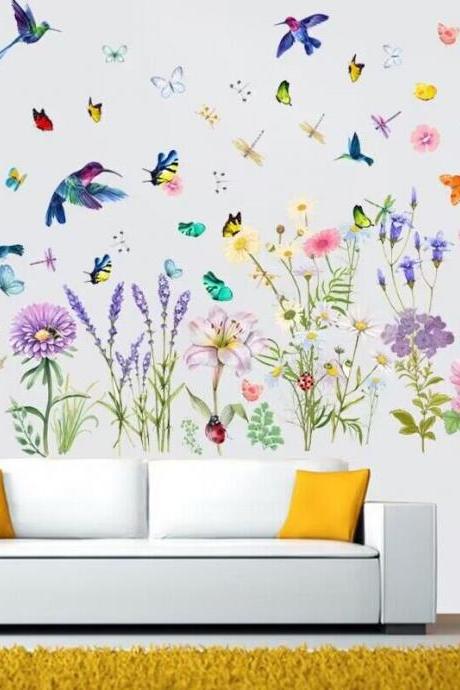 Wildflowers Wall Decals - Watercolor Flowers Wall Art - Wooden Flowers Bouquet- Cottage Garden Wall Sticker - Flower Meadow