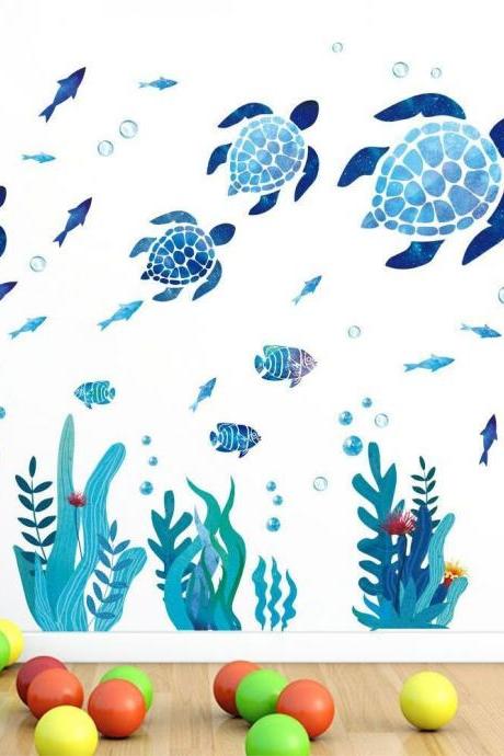 Under Sea World Watercolor Decals Turtle Wall Decal Fish Decal Seagrass Decal For Tiles, Walls And Cabinets, Bathroom Décor, Bathroom Decals