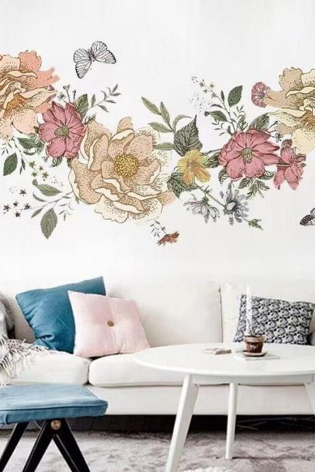 Pink Plant Flowers Flower Wall Decals Watercolor Plant Flower Stickers Peony Wall Decalsbaby Nursery/childrens/glass/ Bedroom/kids/playroom