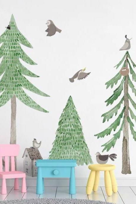 Large Forest Tree Decal Forest Nursery Wall Stickers, Woodland Green Wall Stickers, Children's Room Pvc Waterproof Decals Tv Decals
