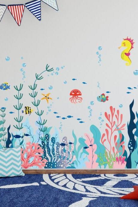 Underwater World Seaweed Plant Wall Stickers Crab, Turtle, Fish Decalsliving Room Bedroom Baby Room Personality Decal