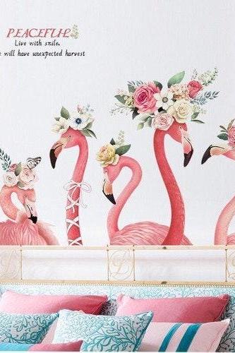Flamingo Plant Family Mural Wall Stickers,flamingo Wall Sticker，flamingo Wearing A Wreath，home Decor Decal F103