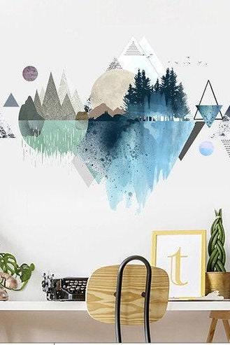 Elegant Mountain Decals - Blue Nature Murals - Geometric Landscape Ink Painting - Removable Vinyl Wall Stickers - Watercolor Wall Art
