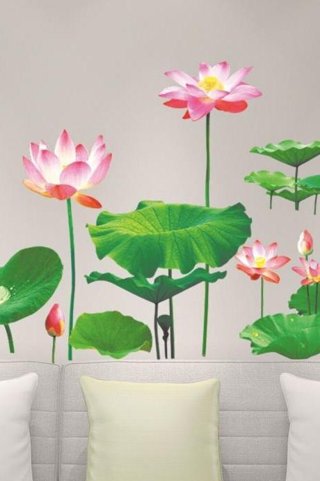 Lotus With Leaf Wall Sticker Fresh Green Planting Wall Decal, Natural Botany Wall Mural, Living Room Wall Decor Greenery Peel Stick