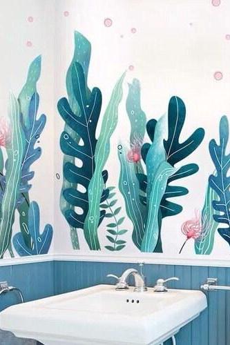 Beautiful Dream Underwater World Wall Stickers Seaweed Decals ,butterfly And Grass Flower Wall Sticker