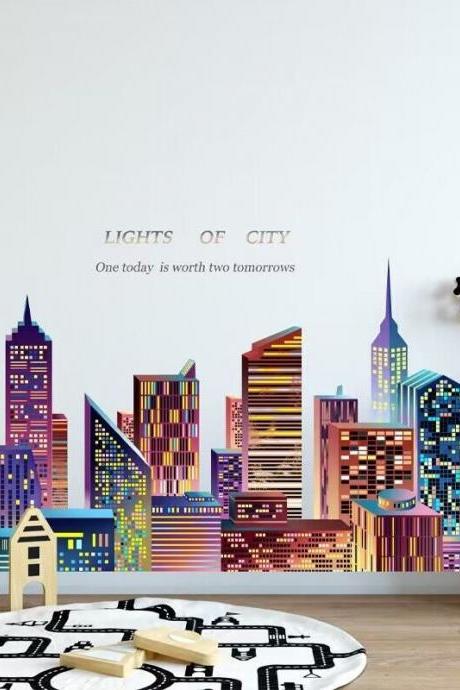 City Skyline Wall Art Decal Kids Playroom, Buildings Wall Decor- Boys Room, Large Cityscape Sticker- Peel And Stick- Boy Bedroom