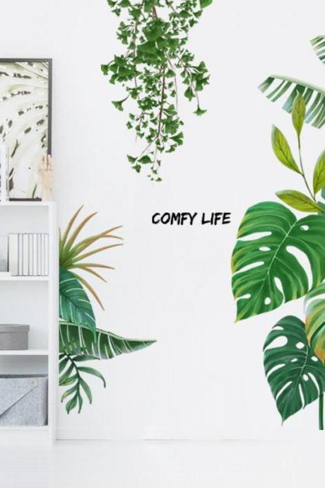 Tropical Plants Monstera Tree Rattan Wall Stickers, Green Landscape Layout, Home Wall Stickers