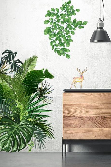 Tropical Flower Green Wall Stickers, Including Plant Leaves, Hanging Plants, Deer, Mural Sticker Plant