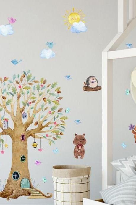 Forest Animal Wall Stickers Tree Decal Animal House Hedgehog Squirrel Fox Decals Children's Room Living Room Decoration Wall