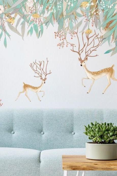 Forest Plant Wall Sticker Flower And Deer Decal Animal Deer Wall Decal Kids Wall Decor - Decorations Decal - Boy Room