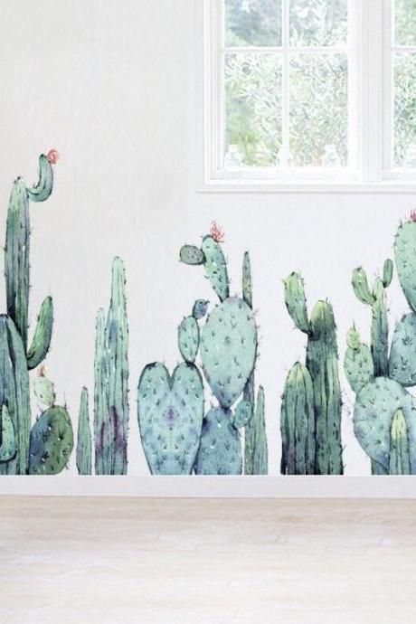 Green Plant Cactus Wall Sticker,plant Wall Decal Nordic Ins Plants Small Fresh Bedroom Living Room Warm Self-adhesive Wallpaper G207