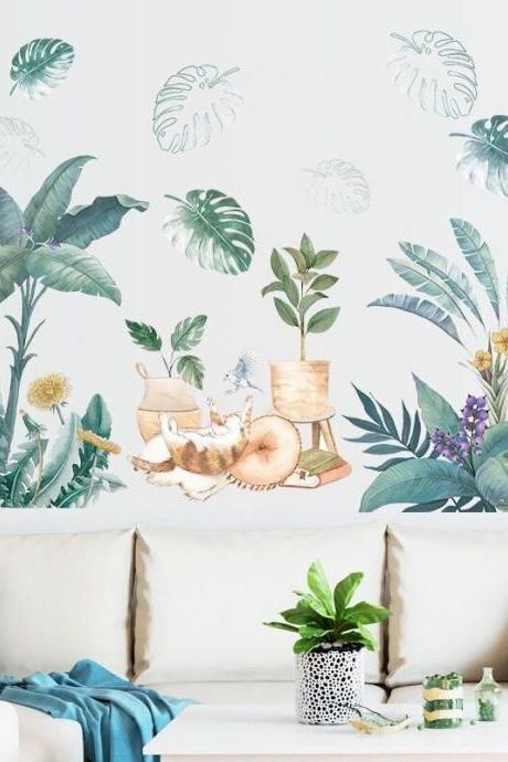 Green Plant With Cat Wall Stickers Wall Decal Nordic Ins Plants Small Fresh Bedroom Living Room Warm Self-adhesive Wallpaper G205