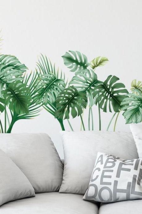 Green Leaf Wall Sticker Bedroom Self-stick Fresh Plant Wall Decal,tropical Plants Leaves Wall Decal | Nordic Style Living Room Wall Stickers
