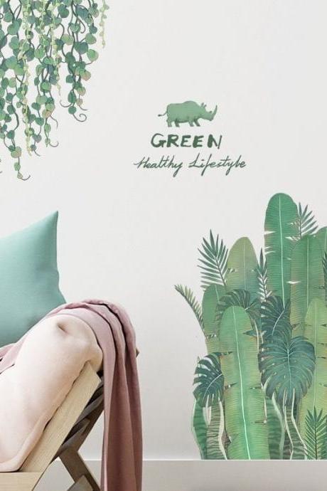 Green Leaf Wall Sticker Bedroom Self-stick Fresh Plant Wall Decal,tropical Plants Leaves Wall Decal | Nordic Style Living Room Wall Stickers