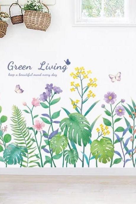 Idyllic Flowers And Plants Realistic Wall Stickerplant Wall Sticker,foot Line Colorful Garden Wall Decal Door Bedroom Porch Wall Ornament