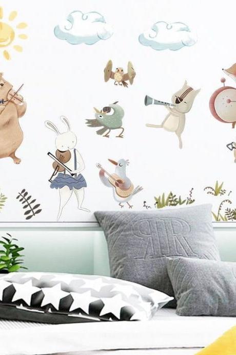 Happy Forest Animal Stickers, Animal Band Wall Stickers, Cartoon Watercolor Animal Decals, Bedroom And Living Room Wall Stickers G612