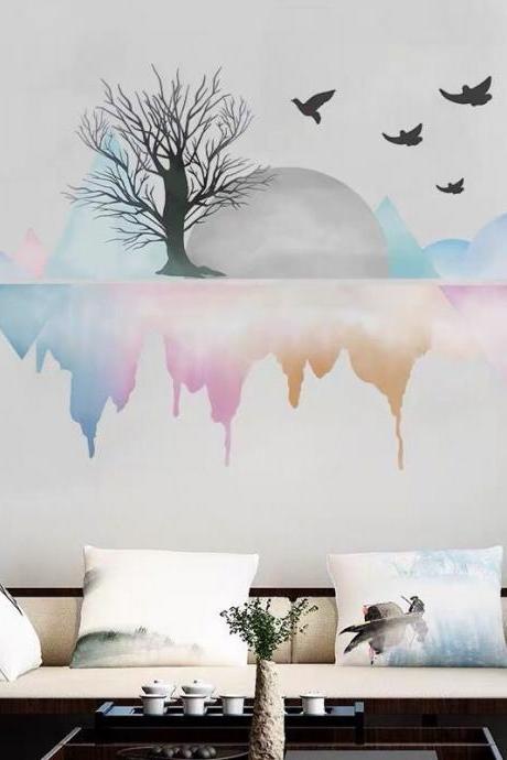 Mountain Water Silhouette Decals - Blue Nature Murals,tropical Home Decor,removable Vinyl Wall Stickers,watercolor Wall Art Living Room G152