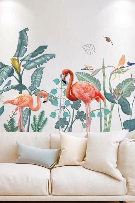 Leaf Floral Garden Home Decor,pink Flamingo Decals - Tropical House Mural ,removable Wall Stickers,creative Plants Living Room G147