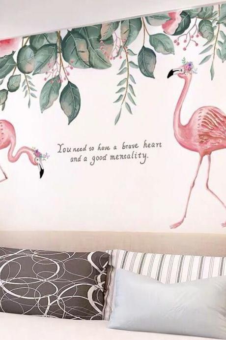 Leaf Floral Garden Home Decor,pink Flamingo Decals - Tropical House Mural ,removable Wall Stickers,creative Plants Living Room G146