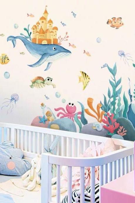Underwater World Wall Stickers，dolphin Decal-bedroom Living Room Dining Room Window Decoration Sticker Kick Line Ins Desert Plant Decals 146