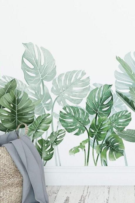 Tropical Monstera Leaf Wall Sticker ,dragonfly And Birds Natural Botany Wall Mural,living Room Wall Decor,wall Decal Living Room,plant Decal