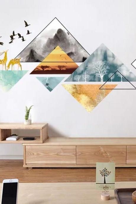 Geometric Figures Wall Stickers Landscape Decals Nature Animal Deer And Bird Decals Background Wall Decoration Diy Stickers