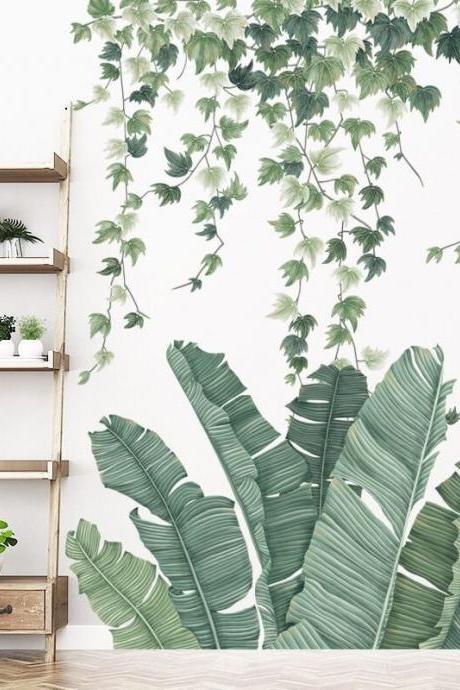 Plant Lover Decals - Faux Plant Wall Stickers, Botanical Wall Decal,green Plant With Banana Leaves Wall Stickers Wall Decal G188