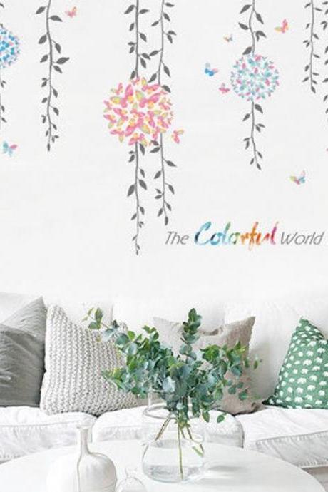 Colorful Hanging Leaf Branch Butterflies Wall Stickers ,nature Spring Decals, Living Room Couch Background Decoration - Plants Home Decor