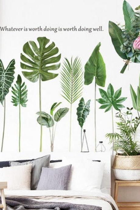 Nordic Style Green Garden Leaf Wall Stickers,multiple Leaves Quotes Decals - Living Room Couch Background Decoration - Tropical Plants