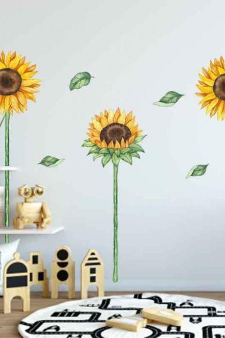 -sunflower Fabric Wall Decal, Floral Wall Art,sunflower Wall Sticker， Watercolour Flowers Girl Room Decor, Flower Wall Stickers G705