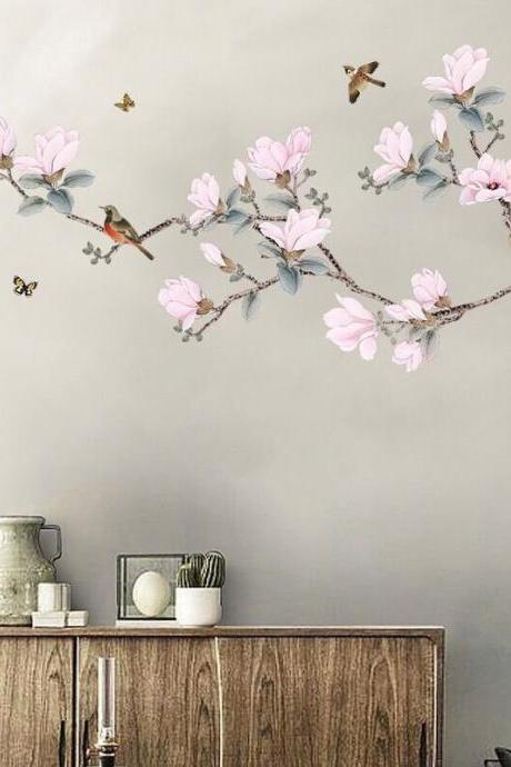 Chinese Wind Pink Peach Flower Wall Stickers Sitting Room Tv Background Wall Decal Creative Dining-room Adornment G294