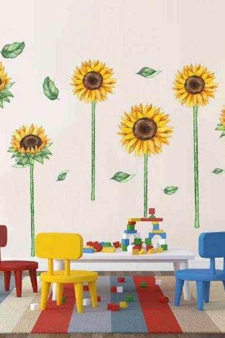 -sunflower Fabric Wall Decal, Floral Wall Art,sunflower Wall Sticker， Watercolour Flowers Girl Room Decor, Flower Wall Stickers G707