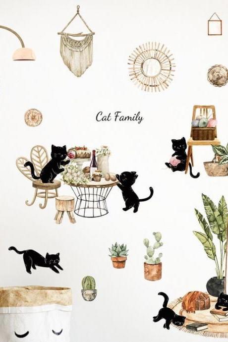Cat Plant Wall Stickers, Black Cat Decals, Hanging Plants And Cat Stickers, Wall Decoration Decals, Animal Decals