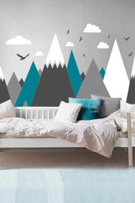 Mountains Wall Decal Mont Blanc Wall Decals Woodland Baby Room Decal Clouds Birds Toddlersmountain Wall Decal - Mountain Wall Art G793