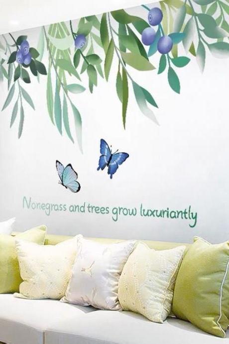 Fresh Plant Green Leaf Wall Stickers Leaf Decals Blue Fruit Stickers Butterfly Stickers Bedroom Glass Decorative Living Room Home Decor