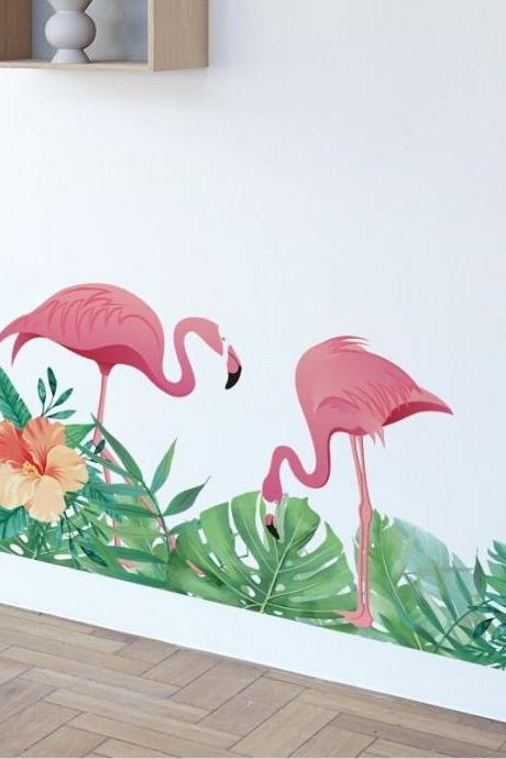Removable Stickers,flamingo Wall Decal, Watercolor Flamingo Wall Sticker，tropical Leaves Wall Decal Sticker, Living Room Home Decor G446