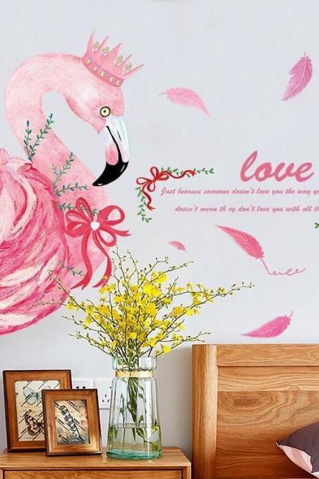 Removable Stickers,flamingo Wall Decal, Watercolor Flamingo Wall Sticker，tropical Leaves Wall Decal Sticker, Living Room Home Decor G466