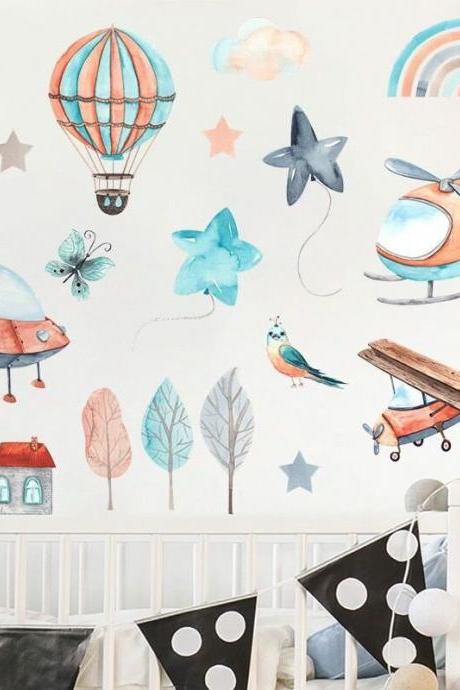 Cloud And Airplane Wall Sticker，airplane Wall Sticker， Air Balloon Wall Sticker， Kids Room,watercolour Stickers G892