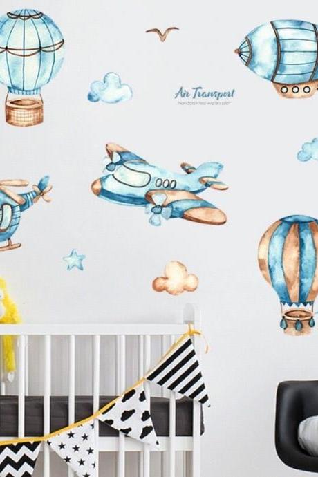 Cloud And Airplane Wall Sticker，airplane Wall Sticker， Air Balloon Wall Sticker， Kids Room,watercolour Stickers G891