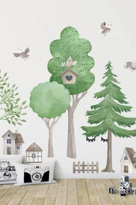Forest Trees Wall Stickers Landscape Decals Big Tree House Decals Background Wall Decoration Diy Stickers Jungle Wall Decor Nursery