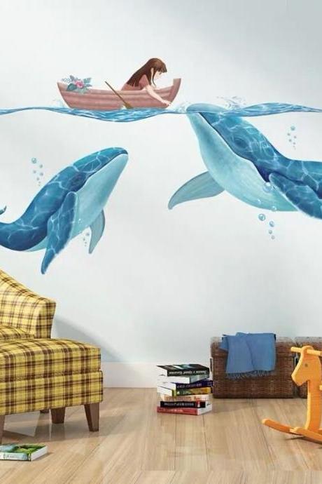 Nursery Wall Decal, Whale Wall Sticker, Wall Decal Kids Room, Whale, Fishes,watercolour Stickers, With Sea World,wall Decal Living Room G530