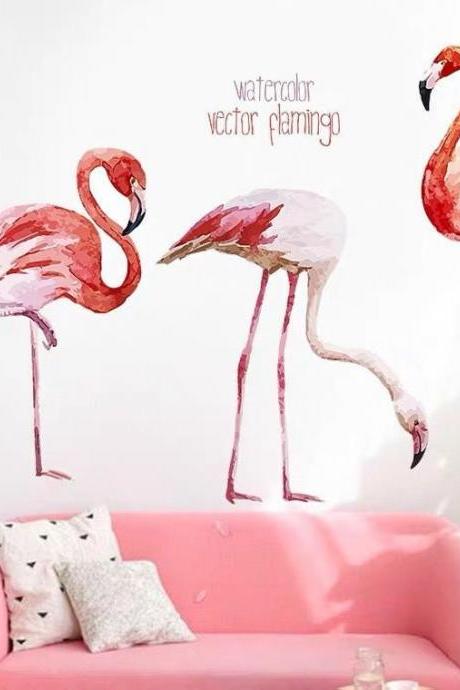 Removable Stickers,flamingo Wall Decal, Watercolor Flamingo Wall Sticker，tropical Leaves Wall Decal Sticker, Living Room Home Decor G503