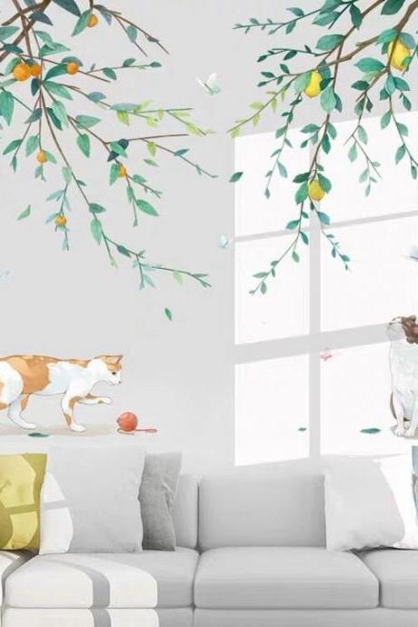 Lemon Tree And Orange Tree Branch Wall Sticker,plant Leaf Wall Sticker, Playing Cats Under Tree Decals,living Room Home Decor,peel And Stick