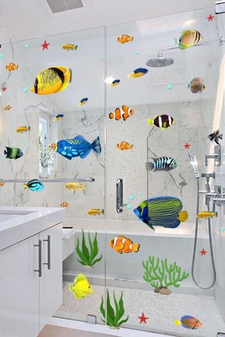 Underwater World Wall Stickers, Monkey Diving,happy Fish Wall Stickers,children's Room,bedroom Living Room ,bathroom Glass Stickers